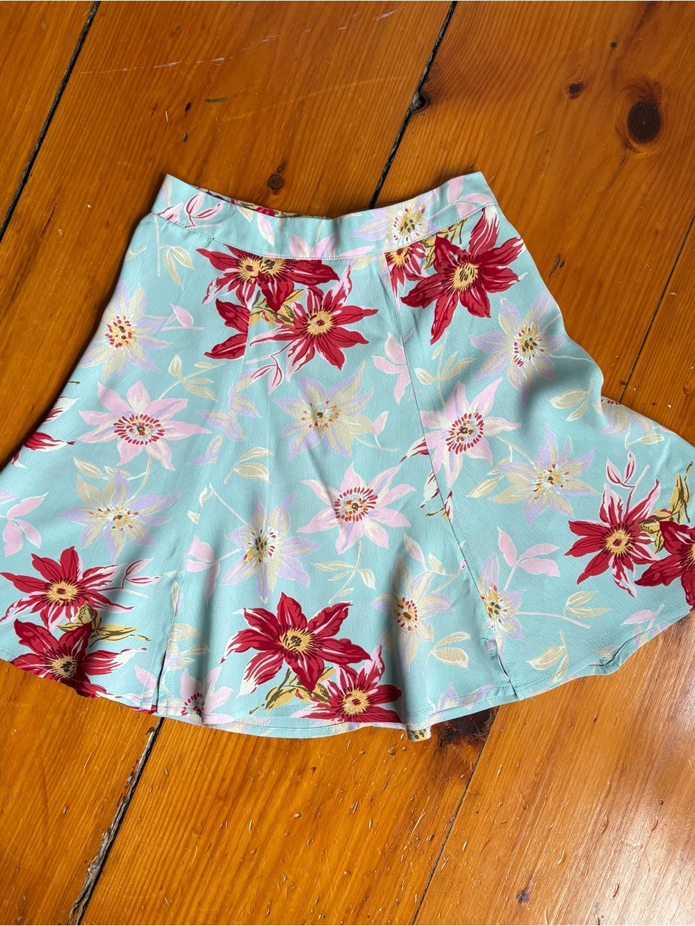 Reformation Aqua Floral Mini Skirt with Red and Pink Blooms